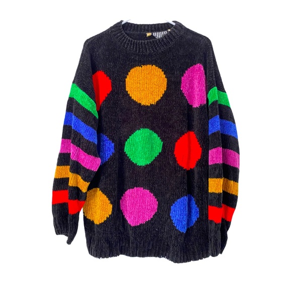 Vintage Sweaters - Vntg 80s Polka Dot Chenille Oversized Sweater XL